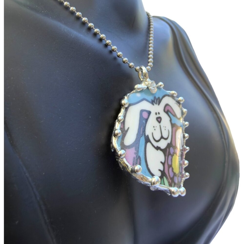 Handmade Easter Bunny Pendant With Silver-Blend Frame Made From Vintage Royal No - Picture 12 of 15